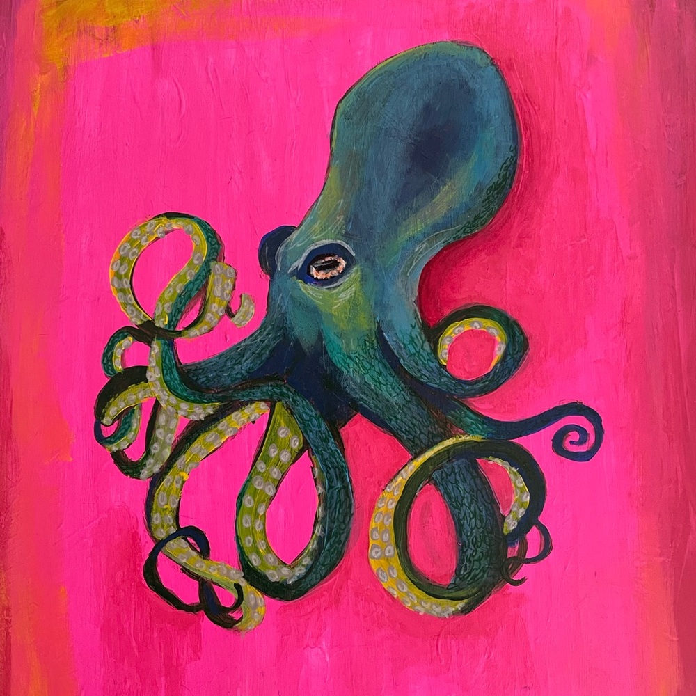 Original Octopus Acrylic Painting over a Thrifted Framed Art Print - 26x22” - Picture 7 of 9